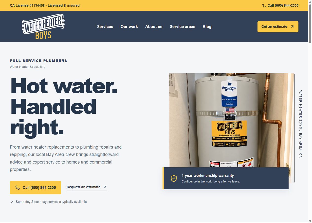 Water Heater Boys homepage with the headline Hot water. Handled right. beside a water heater installation photo.
